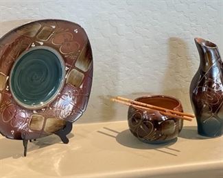 3pc James Brooke Studio Pottery Plate, Pitcher, Bowl Set Plate: 12.75 x 12.75