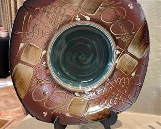 3pc James Brooke Studio Pottery Plate, Pitcher, Bowl Set Plate: 12.75 x 12.75