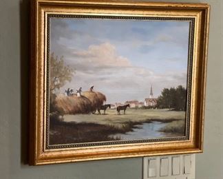 Original Art Lugano Candi Oil Making Hay Painting Frame: 20.5x24.25x2in Image: 19.5x15.5 HxWxD