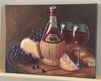 Signed Debra Ozello Canvas Litho Print Wine & Cheese 16.75x22.5in HxWxD