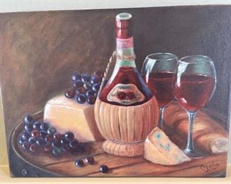 Signed Debra Ozello Canvas Litho Print Wine & Cheese 16.75x22.5in HxWxD