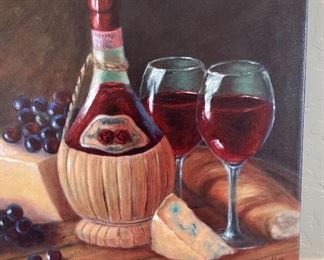 Signed Debra Ozello Canvas Litho Print Wine & Cheese 16.75x22.5in HxWxD