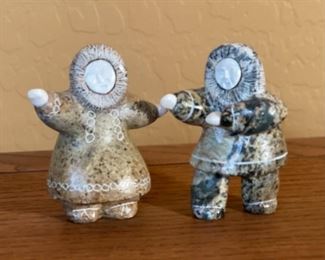 2pc Edith Oktollik Inuit Eskimo Carved Figures Sincaolook Point Alaska Soapstone 4in H