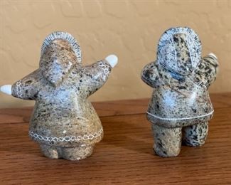 2pc Edith Oktollik Inuit Eskimo Carved Figures Sincaolook Point Alaska Soapstone 4in H