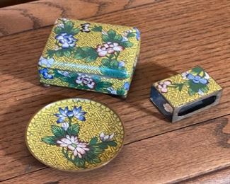 3pc Chinese Cloisonne Set Lidded Trinket Box: 1.5x3.75x3in