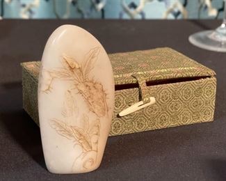 Chinese Etched Soapstone Stamp Seal in box #2 Box: 2x5.25x3in HxWxD