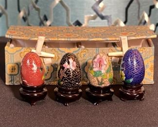 4pc Chinese Cloisonné Eggs Mini Box: 2x6.5x3in HxWxD