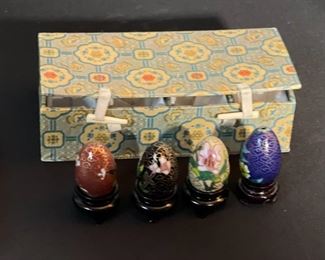 4pc Chinese Cloisonné Eggs Mini Box: 2x6.5x3in HxWxD