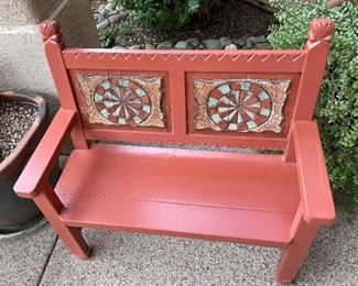 Rustic Carved Wood Mexican Patio Bench 41 x 43 x 21 in HxWxD