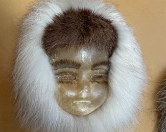 3pc Eskimo masks Carol Kious Inuit Caribou Skin Fur Approx: 11 x 8in