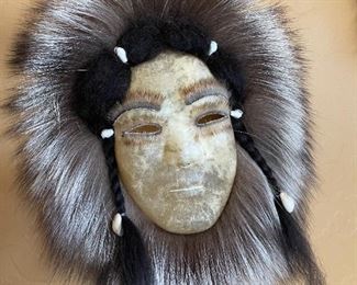 3pc Eskimo masks Carol Kious Inuit Caribou Skin Fur Approx: 11 x 8in