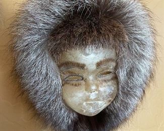 3pc Eskimo masks Carol Kious Inuit Caribou Skin Fur Approx: 11 x 8in