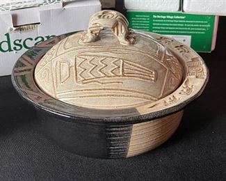 Glazed lidded clay pot signed Dana 6.5in H x 9in Diameter