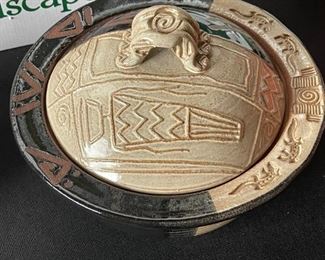 Glazed lidded clay pot signed Dana 6.5in H x 9in Diameter