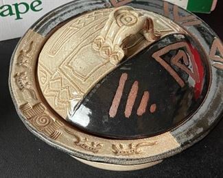 Glazed lidded clay pot signed Dana 6.5in H x 9in Diameter