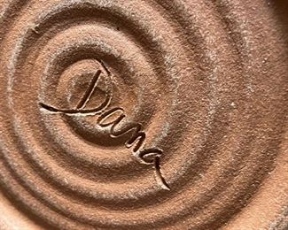 Glazed lidded clay pot signed Dana 6.5in H x 9in Diameter