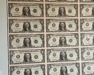 Uncut Sheet of 32 US 1995 $1 One Dollar Bill Fed Reserve Note Framed Frame: 25 x 29in