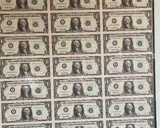 Uncut Sheet of 32 US 1995 $1 One Dollar Bill Fed Reserve Note Framed Frame: 25 x 29in
