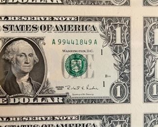 Uncut Sheet of 32 US 1995 $1 One Dollar Bill Fed Reserve Note Framed Frame: 25 x 29in