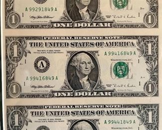 Uncut Sheet of 32 US 1995 $1 One Dollar Bill Fed Reserve Note Framed Frame: 25 x 29in