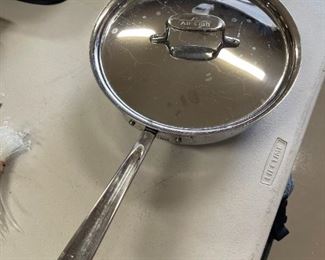 All-Clad D5 Stainless Steel 4QT Sauté Pan with Lid 11.5 inches diameter 3.5 inches deep from handle to handle 22 inches