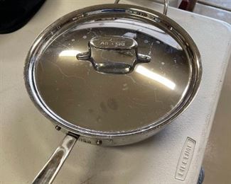 All-Clad D5 Stainless Steel 4QT Sauté Pan with Lid 11.5 inches diameter 3.5 inches deep from handle to handle 22 inches