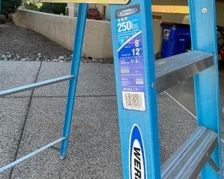 Werner 8 foot ladder maximum reach 12 feet 250 pounds Model 6008 250 pounds load capacity ladder size 8 feet maximum reach 12 feet highest standing level 5’9”