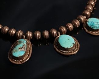 Vintage Navajo Silver Bench Bead & Turquoise Necklace Choker Native American 16in Long Center-stone: 33x21mm