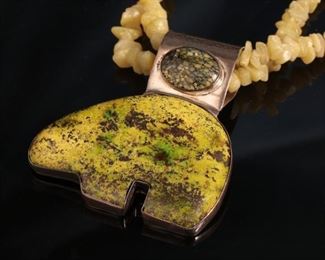 Judi Yates Southwest Sterling Silver & Stone Bear Necklace Double Strand Choker J. Length: 17in Centerpiece: 43x66mm