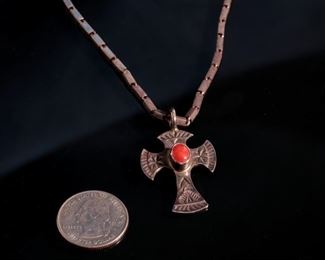 Navajo Ronnie Willie Sterling Silver Necklace Coral Cross Pendant Native American Length: 18in Cross: 42x26mm