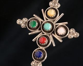 Zuni Terry Dishta Multi Gemstone Sterling Silver Cross Pendant Native American 56x40mm