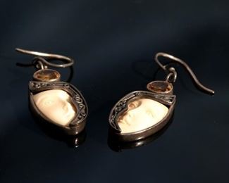 Vintage Zealandia Sterling Silver Carved Woman Warrior Earrings 32x14mm