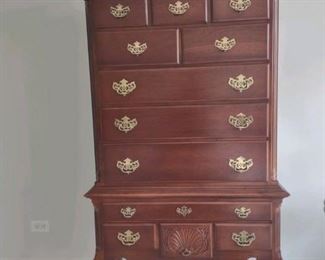 American Drew American Independence Collection 2 pc. 12 Drawer Queen Anne Style High Boy Chest (near Mint Cond) from Walter E Smithe Furniture 83"H to top of finial x 38.25"W x 18"D  WAS $1795 Now $1500