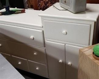 4 Drawer 2 Door Very Heavy 2 Tiered Cabinet Dresser 54"W x 17"D x 37.5H on left 32.5"H on right (has some damage on side ) $150