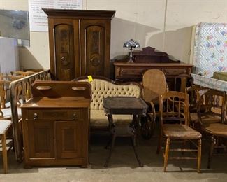 Walnut wardrobe; sideboard; washstand; victorian sofa; stands; chairs;