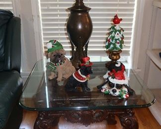 Ornate Glaas Top Side Table  - Christmas Dogs - Brass Lamp we have 2
