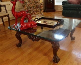 Ornate Coffee Table Glass Top - Pair Red Reindeers