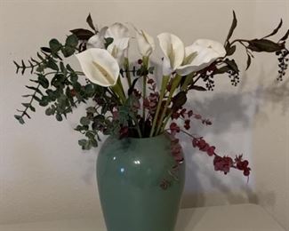 Tall Green Vase w/ Faux Calla Lillies & Eucalyptus
