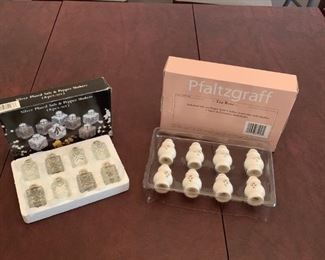 (2) 8 Piece Salt & Pepper Sets: 1-Silver Plate, & 1-Pfaltzgraff 'Tea Rose'