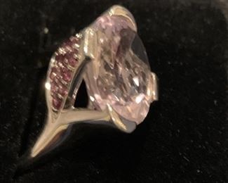 Sterling Silver Cocktail Ring with Large Light Pink Stone Stone and Several Small Pink Stones on Each Side. Size 7