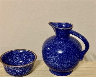 (2) Blue & White Speckled Pottery: Pitcher & Bowl