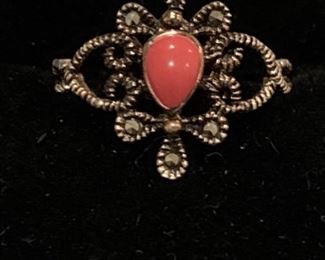 Gold Plated Sterling Silver Ring with Red Cabochon. Size 8.5