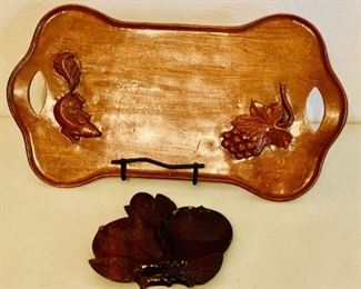 (2): A Carved Wooden Tray with Curved Sides,  Carved Wooden Nut & Leaf Decor Piece