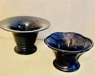 (2) Short Navy Blue Pottery Vases