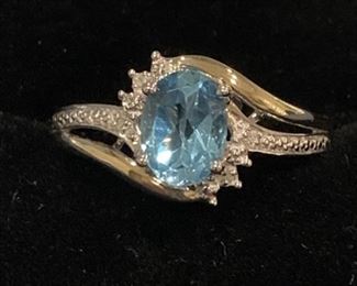 10k Gold & Sterling Silver Blue Topaz Ring with
Diamond Accents. Size 8