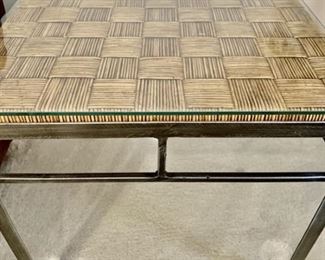 Metal End Table w/ Basket Weave Design & Glass Top