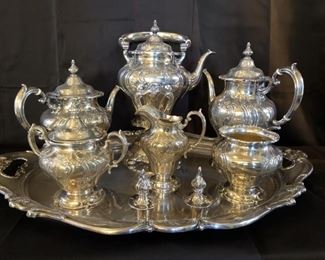 (7) Gorham Sterling Silver Chantilly-Duchess Set
**Also includes 2 Silver Plate Wine Stoppers that are not part of this set and are in the 1st Picture and Again in the Last 3 Pictures
Gorham Sterling (Hollowware) Chantilly-Duchess (Discontinued Pattern) Pieces:
736-Kettle, Stand, & Burner-3 1/2 Pint Capacity, total weight 1614 grams, stands about 12in tall
737-Large Waiter Tray-total weight 3829 grams, and 25 1/2in long
732-Teapot-2 1/2 Pint Capacity, total weight 838 grams, and stands 9 1/2in
731-Coffee Pot-total weight 950 grams, stands almost 11in
735-Waste Bowl-total weight 296 grams, stands about 4 1/2in
733-Sugar Bowl & Lid-total weight 460 grams, stands about 7 1/2in
734-Creamer-total weight 305 grams, stands about 6in