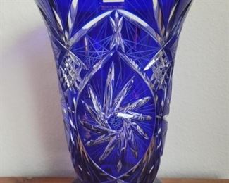 Cobalt Blue Cut to Clear Crystal Vase by Avitra