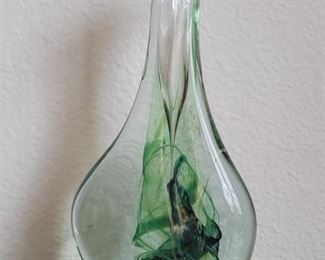 Hand Blown Green Swirls Art Glass Vase-Flower Top