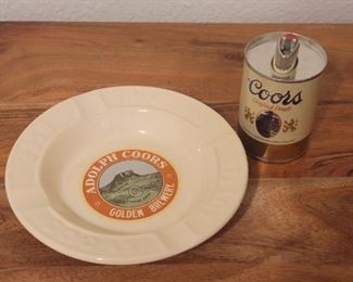 (2) Vintage Coors: Beer Can Lighter Holder & Adolph Coors Golden Brewery Ashtray 